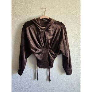 Coco & Jamison Women's Suede Cropped Brown Hooded Sweater-S